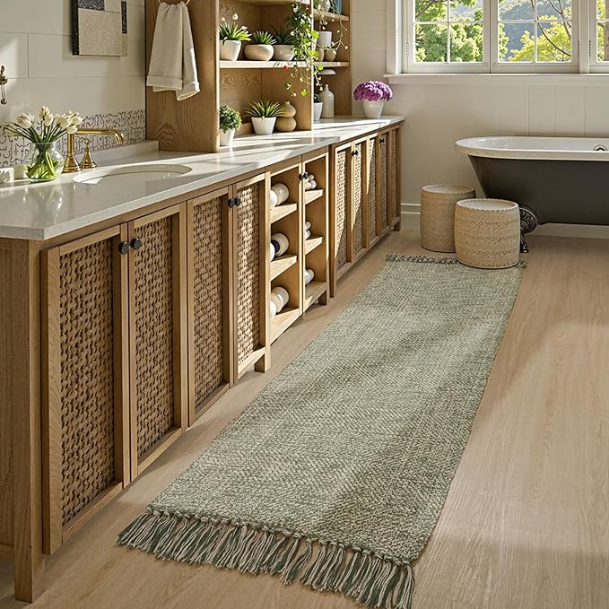 Collive Long Hallway Runner Rug 2.6' x 7', Washable Rugs Indoor Entryway Runner Rug, Modern Natural/Green Kitchen Runner Rugs Cotton Braided Low-Profile Bedroom Carpet for Laundry Room Bathroom