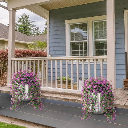 Artificial Hanging Flowers for Outdoors, 2 Pcs Fake Hanging Plant Spring Summer Decor, UV Resistant No Fade Realistic Faux Flower for Front Door Porch Planter Patio Garden Yard(Purple)