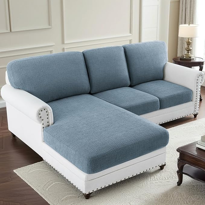 H.VERSAILTEX Super Stretch Individual Jacquard Couch Cushion Covers Furniture Protector Spandex Anti-Slip Soft Thickened Slipcovers Easy Install, (1 PC, Sofa Seat Couch Cover, Stone Blue)