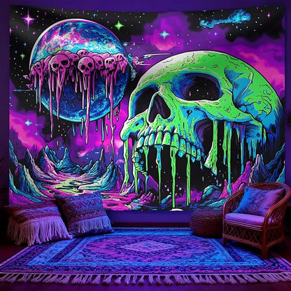 seewan Black Light Melting Skull Tapestry, Glow-in-the-Dark UV Neon Dripping Planet & Skull Tapestry, Psychedelic Space Horror Art Tapestry, Bedroom Dorm Living Room Background Decor