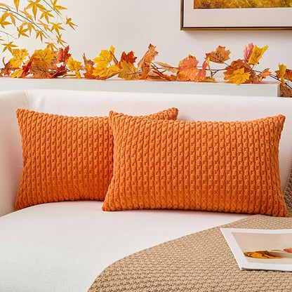 Kevin Textile Fall Pack of 2 Corduroy Decorative Throw Pillow Covers 12x20 Inch Soft Boho Striped Pillow Covers Modern Farmhouse Home Decor for Spring Sofa Living Room Couch Bed Orange