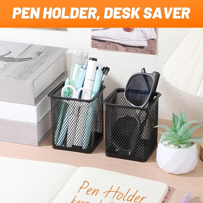Segarty Pen Cup Holder, 12 Pack Square Black Pen Holder for Desk, Metal Mesh Pencil Cups Bulk for Office Supplies, School Classroom, Desktop Accessories, Makeup Brush