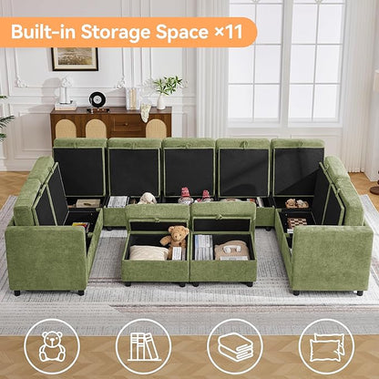 127'' Oversized U Shaped Modular Sofa, Sectional Couches with Storage for Living Room, Modern 9 Seater Cloud Sectional Couch with Movable Ottoman, Chenille Green