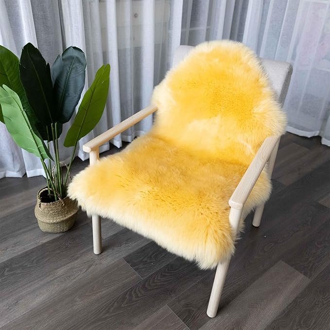 Genuine Sheepskin Rug New Zealand Luxury Lambskin Rug, Natural Fluffy Sheepskin Throw for Bedroom Living Room Children's Room - Premium Area Rug Chair Cover (Yellow, 2×3 Feet)