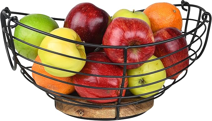 Modern Farmhouse Fruit Basket for Kitchen Counter, Vintage Wire and Wooden Base Fruit Bowl for Kitchen Decor, Fruit & Vegetables Storage Basket/Bowl