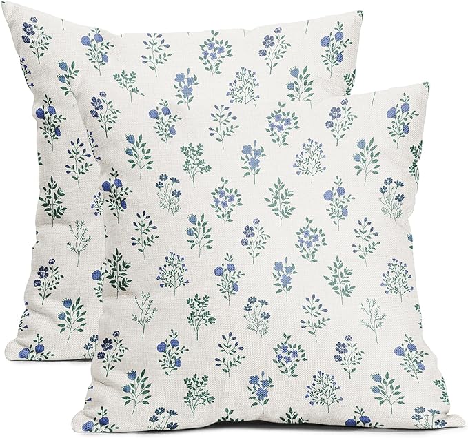 Blue Green Block Print Pillow Covers 22x22 Set of 2 Decorations Vintage Floral Throw Pillow Covers Decor Rustic Pillowcases Flower Pattern Farmhouse Cozy Soft for Sofa Bed Chair Home Decorative