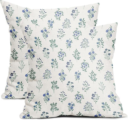 Blue Green Block Print Pillow Covers 22x22 Set of 2 Decorations Vintage Floral Throw Pillow Covers Decor Rustic Pillowcases Flower Pattern Farmhouse Cozy Soft for Sofa Bed Chair Home Decorative