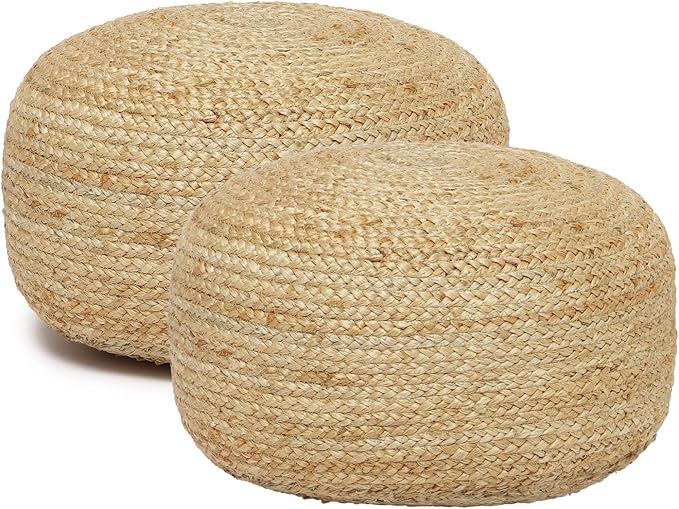 REDEARTH · Jute Circular Low Pouf Ottoman - Braided Pouffe Accent Sitting Round Footrest for Living Room, Bedroom, Nursery, kidsroom, Patio, Gym; 100% Jute Set of 2 (18"X18"X10"; Natural)