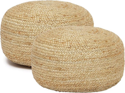 REDEARTH · Jute Circular Low Pouf Ottoman - Braided Pouffe Accent Sitting Round Footrest for Living Room, Bedroom, Nursery, kidsroom, Patio, Gym; 100% Jute Set of 2 (18"X18"X10"; Natural)