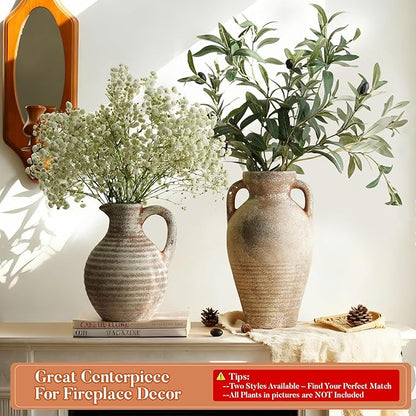 Ceramic Flower Vase Rustic Terracotta Vase with Handles Neutral Clay Pitcher Antique Vase for Home Decor,8 Inch Farmhouse Boho Vases for Living Room,Dining Table,Enterway,Shelf,Fireplace