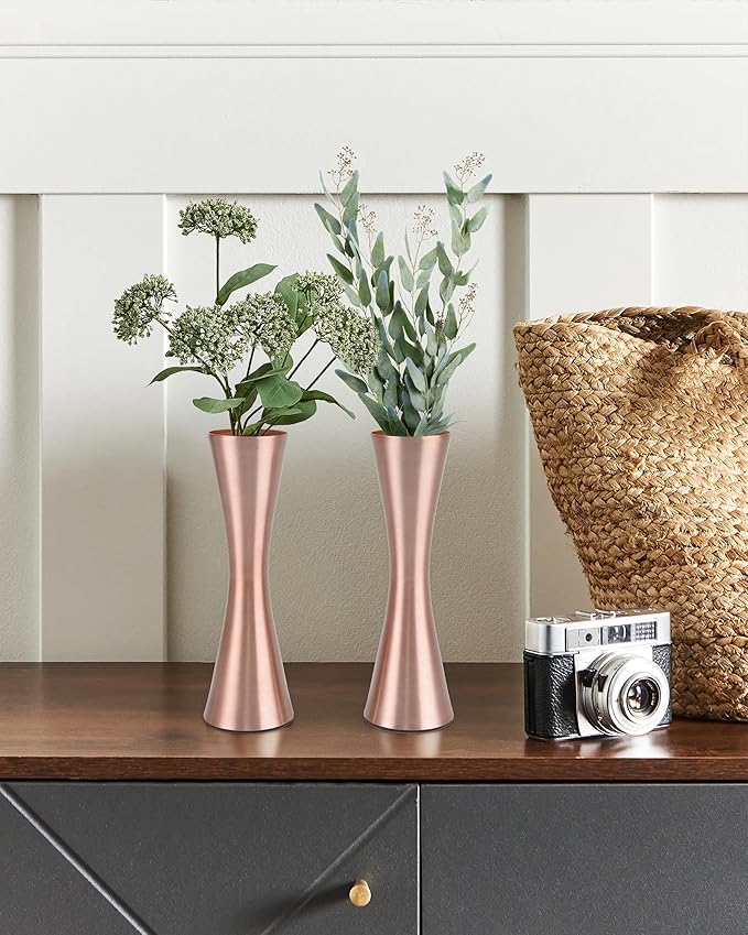 Vixdonos 6.7 inch Brass-Toned Metal Vase Small Flower Vase Set of 2 Modern Decorative Vase for Home Decor, Wedding or Gift(Rose Gold)