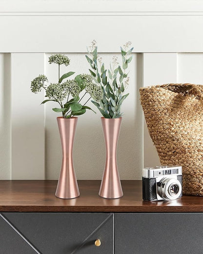 Vixdonos 6.7 inch Brass-Toned Metal Vase Small Flower Vase Set of 2 Modern Decorative Vase for Home Decor, Wedding or Gift(Rose Gold)