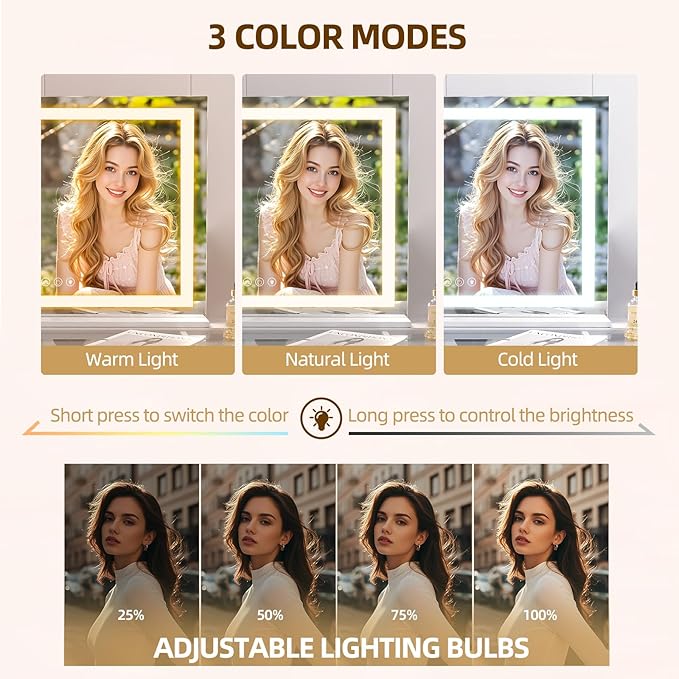 FENCHILIN Vanity Mirror with Lights, 32" x 23" RGB Backlit + Front Lit Large Hollywood Makeup Vanity Mirror LED Strip with 3 Colors Modes Smart Touch for Dressing Room & Bedroom White