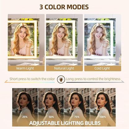 FENCHILIN Vanity Mirror with Lights, 32" x 23" RGB Backlit + Front Lit Large Hollywood Makeup Vanity Mirror LED Strip with 3 Colors Modes Smart Touch for Dressing Room & Bedroom White