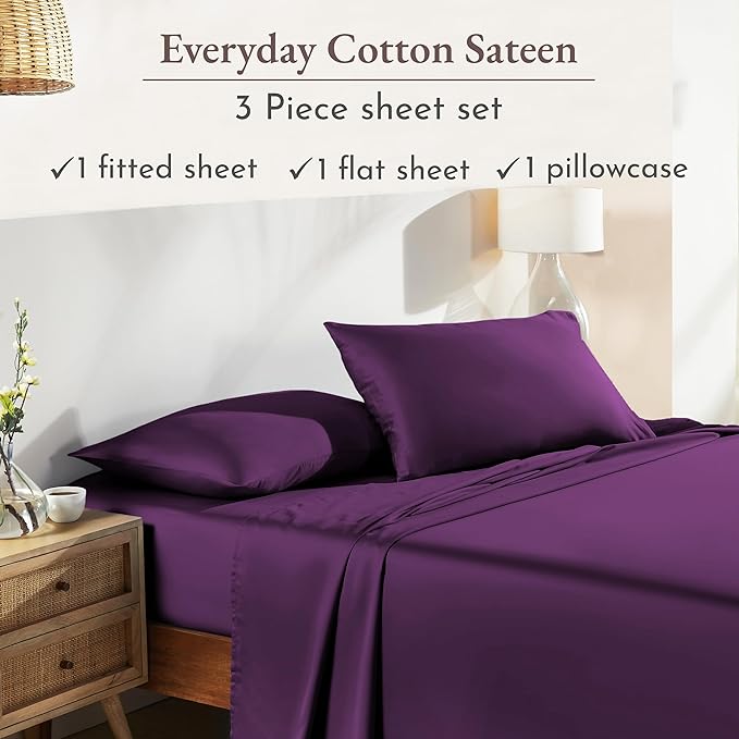 California Design Den Deep Pocket Sheets Twin XL Size Set - Natural 100% Cotton Sheets, Soft Sateen, All Around Elastic, Breathable and Durable Bedding for Dorm Room - Purple Passion