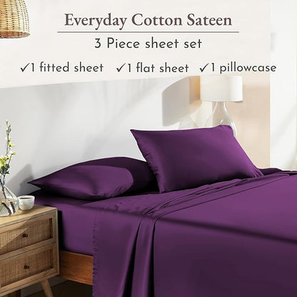 California Design Den Deep Pocket Sheets Twin XL Size Set - Natural 100% Cotton Sheets, Soft Sateen, All Around Elastic, Breathable and Durable Bedding for Dorm Room - Purple Passion