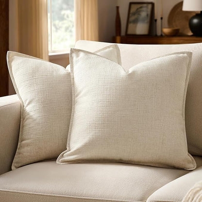 MIULEE Decorative Pillow Covers 16x16, 2 Pack Boho Farmhouse Neutral Throw Pillows for Couch, Thick Textured Modern Linen Cushion Cases Sofa Bed Living Room Home Decor, Natural Beige