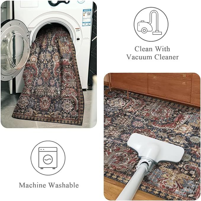 RUGSURE Washable Area Rugs - Perfect for Living Room, Bedroom, Kids Room, Nursery - Stain & Water Resistant Non-Slip, Pet & Child Friendly, Vintage Tribal Area Rugs (Rust, 5' x 7')