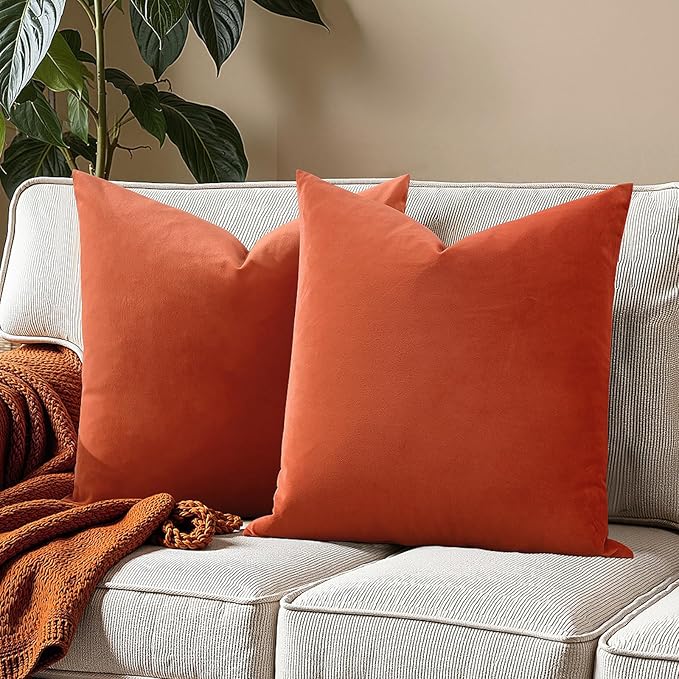 FEVERQIYI Velvet Pillow Covers Set of 2 Throw Sham Pillowcase Soft Solid Decorative Cushion Covers for Bedroom Living Room Outdoor Indoor Decoration, Orange, 22"x22"