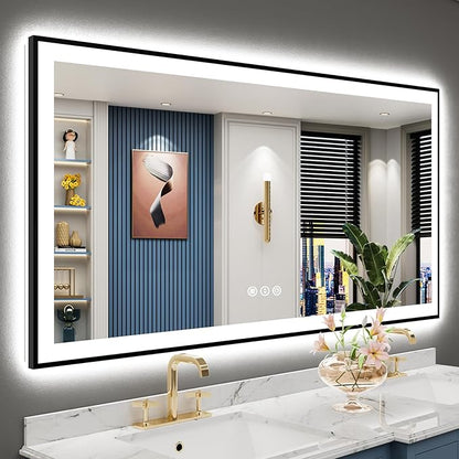 60x30 Black Framed LED Bathroom Mirror with Lights, Backlit + Front Lit, Anti-Fog Lighted Vanity Mirror for Bathroom Wall with 3 Colors, Stepless Dimmable, Memory, Tempered Glass, ETL Listed