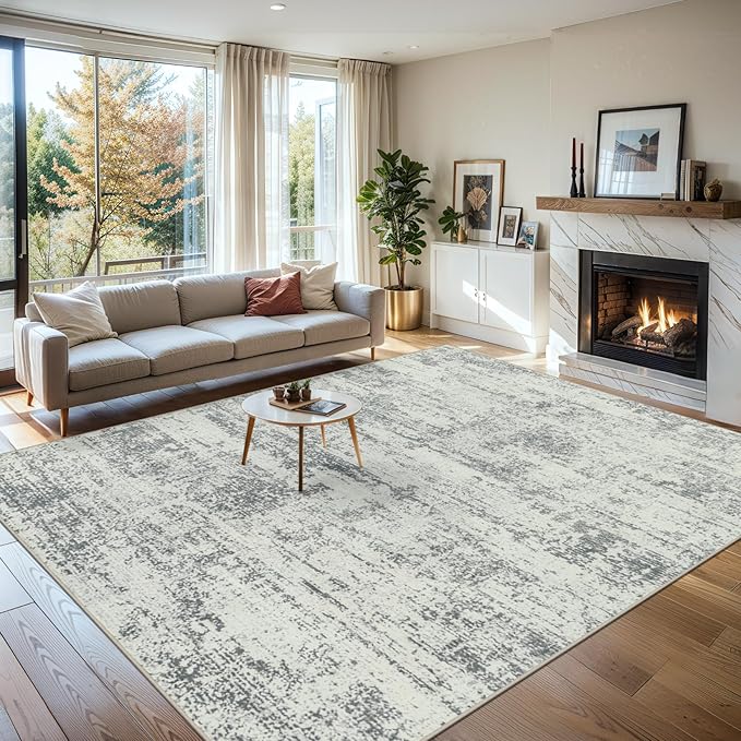 Area Rugs 10x14 Living Room - Washable Rug Modern Abstract Soft Large Neutral Non-Slip Carpet Indoor Floor Thin Carpets for Bedroom Dining Room Farmhouse Nursery Home Office Grey