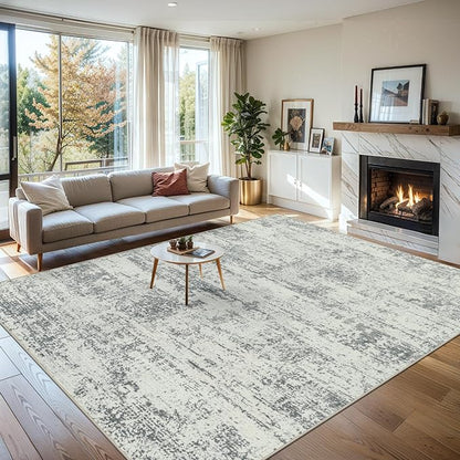 Area Rugs 10x14 Living Room - Washable Rug Modern Abstract Soft Large Neutral Non-Slip Carpet Indoor Floor Thin Carpets for Bedroom Dining Room Farmhouse Nursery Home Office Grey