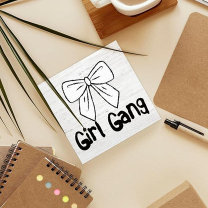 Coquette Trendy Bow Wood Box Sign Desk Decor, Preppy Girl Gang Decor, Girly Balletcore Wooden Block Sign Decorations for Home Girly Bedroom College Dorm Living Room Wall Tabletop Shelf Decor