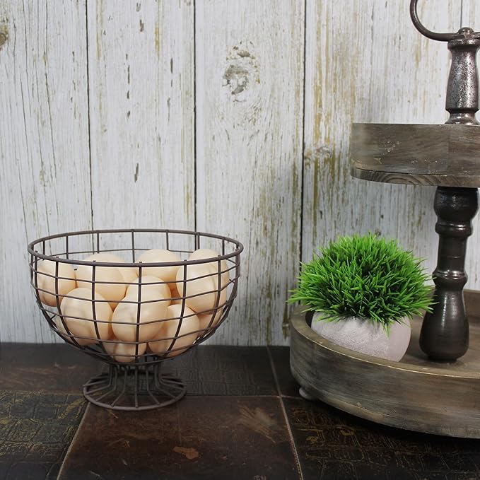 CVHOMEDECO. Metal Wire Round Egg Basket with Pedestal Counter Top Fruit Bowl Storage for Kitchen Home. Rusty