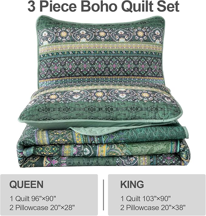 WONGS BEDDING Boho Quilt Queen Size, Green Bohemian Queen Quilt, Lightweight Microfiber Bed Decor Bedspread for All Season 96"x90"(3 Pieces)