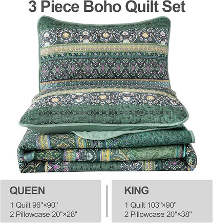 WONGS BEDDING Boho Quilt Queen Size, Green Bohemian Queen Quilt, Lightweight Microfiber Bed Decor Bedspread for All Season 96"x90"(3 Pieces)