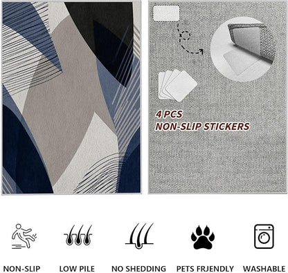 Abstract Art Line Living Room Area Rugs 3x4, Modern Boho Geometric Print Soft Rug, Minimalist Washable Non Slip Neutral Carpet for Bedroom, Dining Room Office Playroom, Navy Blue Gray