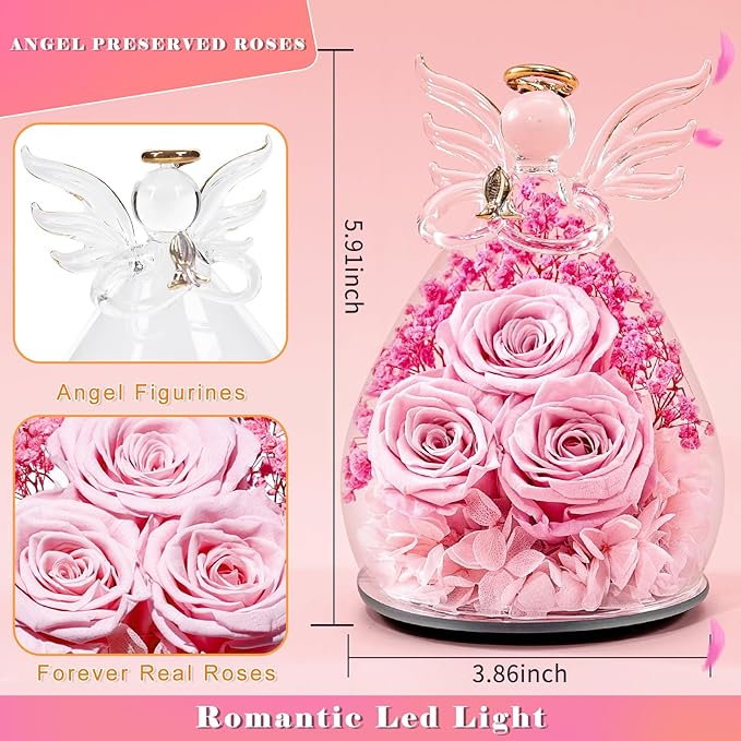 Beferr Valentines Day Rose Gifts for Her Women Mom Gifts for Birthday, Fresh Flowers for Delivery Forever Preserved Rose in Glass Angel Figurine, for Grandma Wife Kids Daughter