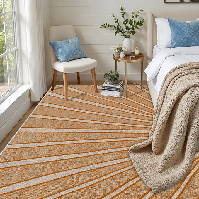 Boho Sun Print Area Rug for Living Room 3x4, Modern Abstract Non-Slip Washable Rugs, Soft Stripe Minimalism Carpet for Bedroom, Nursery, Entryway, Dining Room & Office Decor, Orange White