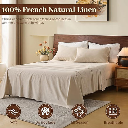 MEISHANG 100% French Pure Linen Sheets California King - Bed Sheets 4 Piece Sets, Soft Durable Flax Linen, Anti-Tear Breathable Oeko-Tex Certified with 16" Deep Pocket (Linen)