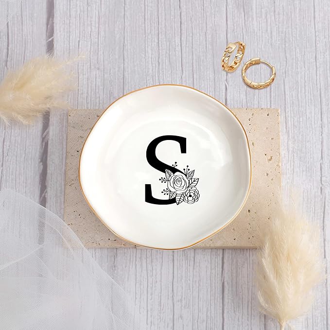 JoycuFF Initial S Ceramic Jewelry Tray, Bridesmaid Bride Gifts, Best Friend Mom Grandma Sister Engagement Birthday Gifts for Women, Trinket Dish for Rings Earrings Necklaces Bracelets Keys
