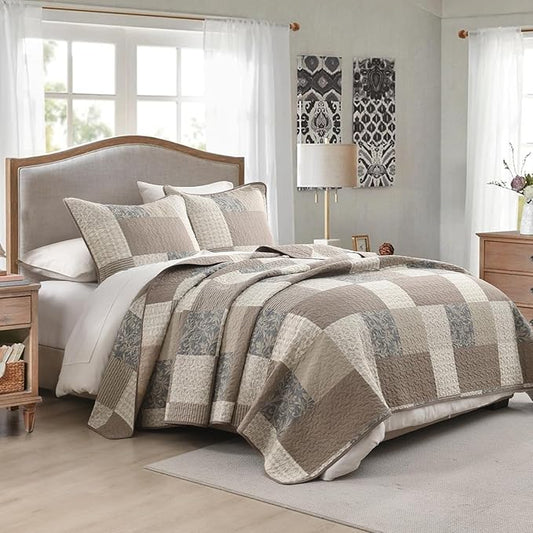 100% Cotton Quilt Set Queen Size - Plaid Quilted Comforter, Patchwork Botanical Queen Quilt Bedspread, Modern Farmhouse Lightweight Bedding for Queen Bed, 3pcs, Brown/Beige/Khaki