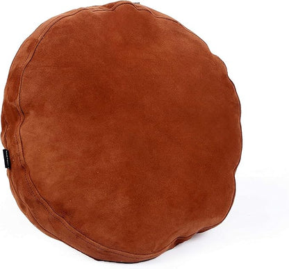 D DOLLY LAMB Lambskin Round Leather Pillow Cover - Sofa Cushion Case - Decorative Circular Cushion Throw Covers for Living Room & Bedroom - Camel (02) Diameter 18 Inch