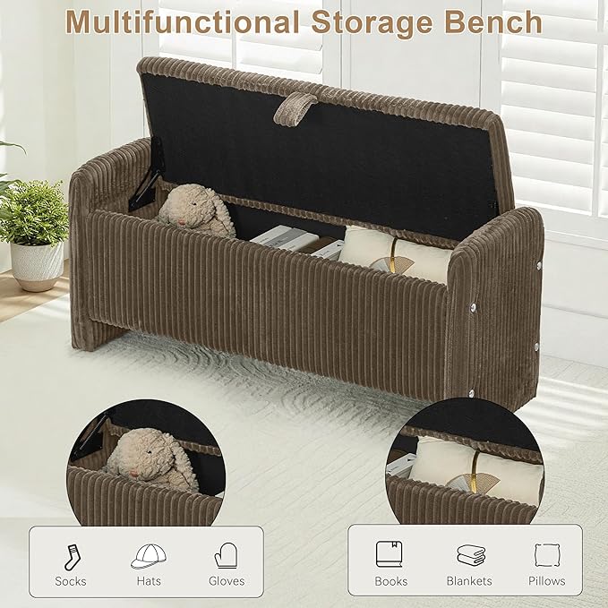 44" Storage Ottoman Bench, Upholstered End of Bed Storage Benches, Rectangle Ottoman with Storage for Bedroom, Entryway, Corduroy Brown
