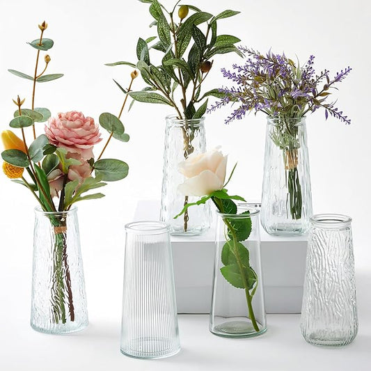 6 Pcs 6 Inch Clear Glass Flower Vases for Centerpieces Wedding Party Table Centerpiece Home Decor Small Bud Vases for Flowers Rose Tulip Stems Housewarming Gift