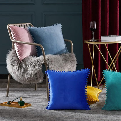 Deconovo Velvet Throw Pillow Covers, Set of 2, 26” x 26” Blue, Soft Square Pom-poms with Hidden Zipper Cover for Sofa Couch Car