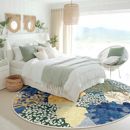 DEXDE Round Rug 6ft Washable Circle Area Rugs Non Slip Low Pile Boho Floral Large Circular Carpet for Bedroom Bathroom Entryway Kids Room Office Dining Room,Blue