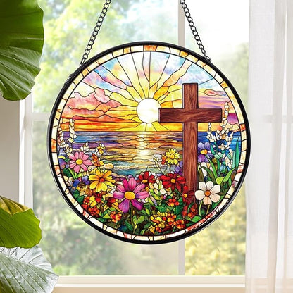 Rngmsi Cross Flower Stained Glass Window Hanging Gift, 7.8″ Sun Catchers Indoor Window Decor, Decorative Suncatchers Home Garden Art Religious Gift for Thanksgiving Christmas Housewarming