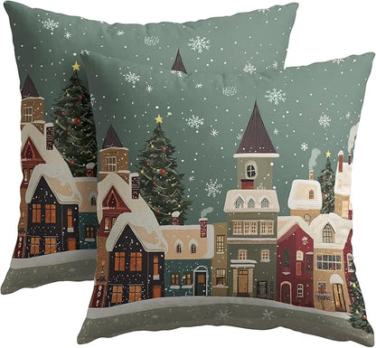 Christmas Snoflake Pillow Covers 20x20 Set of 2 Green House Throw Pillow Covers Winter Pillowcase Linen Decoration Farmhouse Cozy Soft Cushion Case Couch for Indoor Outdoor Home Decor