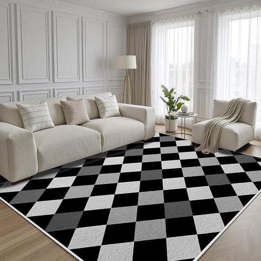Black and White Rug 5x8, Rhombus Geometric Soft Ultra Soft Faux Wool Low Pile Rug, Indoor Floor Mats Carpet, Non-Slip Stain Resistant Washable Rugs, Modern Abstract Checkered Rugs for Living Room