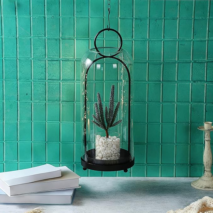 20" High Versatile Modern Metal Hurricane Lantern with Handmade Sturdy Glass Dome in Black for Pillar Candle & Plants, Industrial, Farmhouse, Shabby Chic (Black, 7.5"x20")