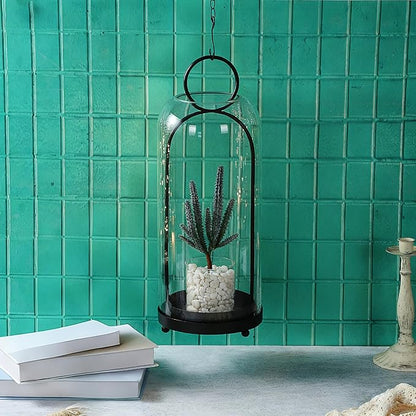 20" High Versatile Modern Metal Hurricane Lantern with Handmade Sturdy Glass Dome in Black for Pillar Candle & Plants, Industrial, Farmhouse, Shabby Chic (Black, 7.5"x20")