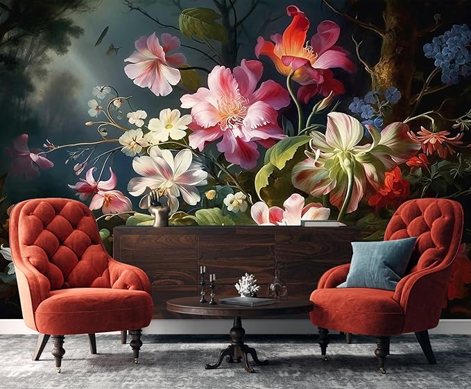 Colorful Floral Wallpaper Illuminated by Hazy Moonlight, Natural Landscape Flower Mural, Decorative Background Wall Mural（Non-self-Adhesive）