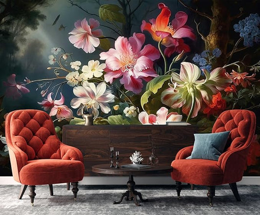 Colorful Floral Wallpaper Illuminated by Hazy Moonlight, Natural Landscape Flower Mural, Decorative Background Wall Mural（Non-self-Adhesive）