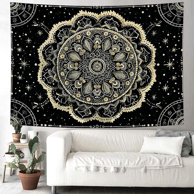 Delur Black and Gold Mandala Tapestry Astrology Space Hippie Bohemian Floral Medallion Tapestry Wall Hanging Aesthetic Indian Psychedelic Headboard for Bedroom Living Room Home Decor (70.8" x 92.5")
