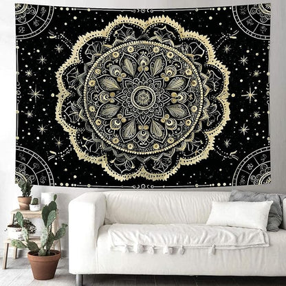Delur Black and Gold Mandala Tapestry Astrology Space Hippie Bohemian Floral Medallion Tapestry Wall Hanging Aesthetic Indian Psychedelic Headboard for Bedroom Living Room Home Decor (70.8" x 92.5")